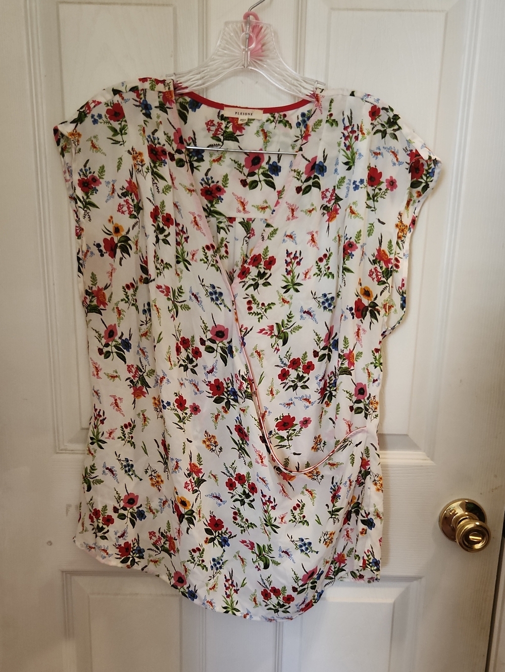 Pleione White Floral Wrap-Front Blouse with Red Trim